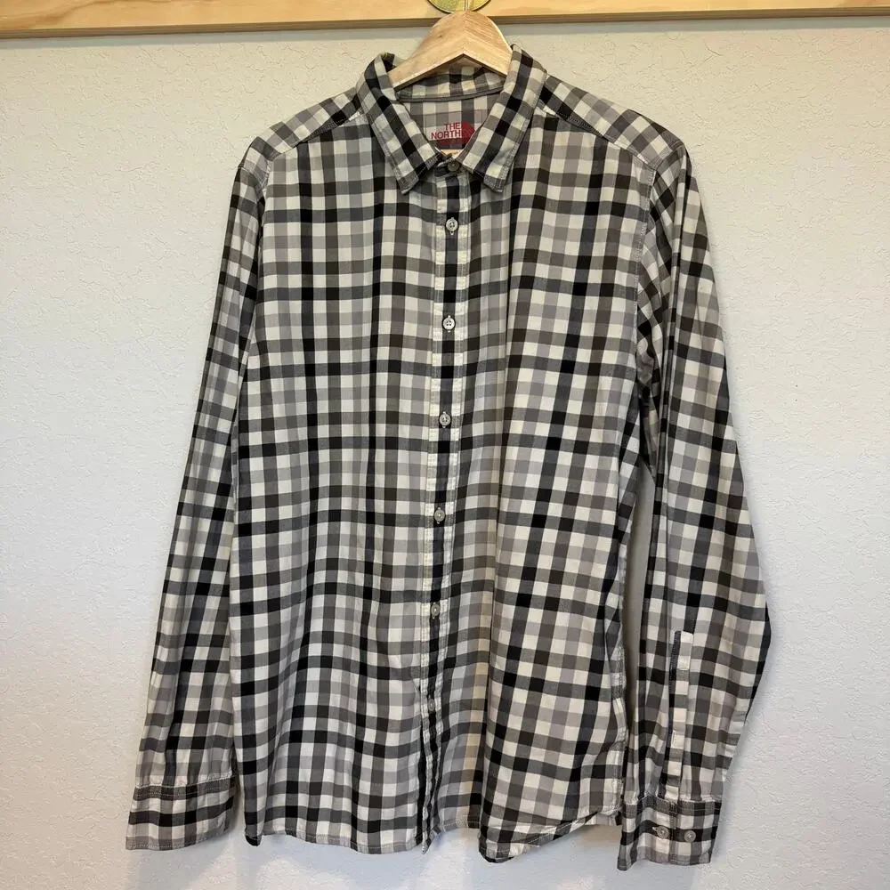 Men's The North Face Black and‎ Cream Plaid Long Sleeve Button Down Size L